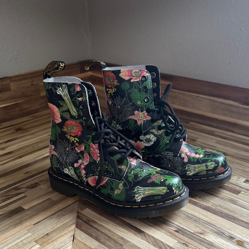 Dr. Martens Floral Combat Boots - Black and Green Pascal 1460